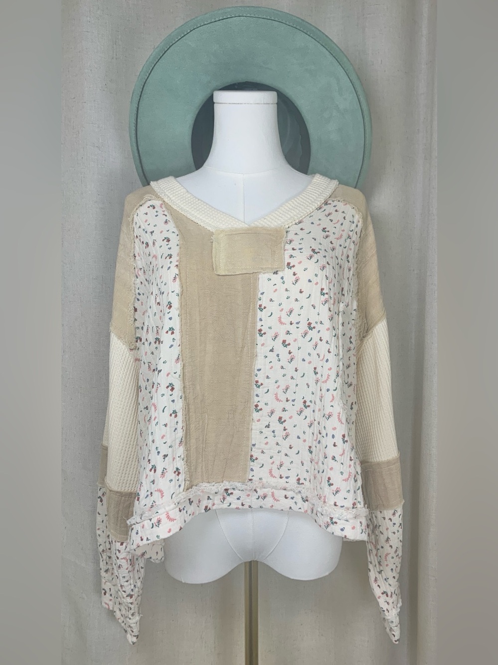 POL Floral Patchwork Thermal Knit Top | Boho Cottagecore Oversized Small